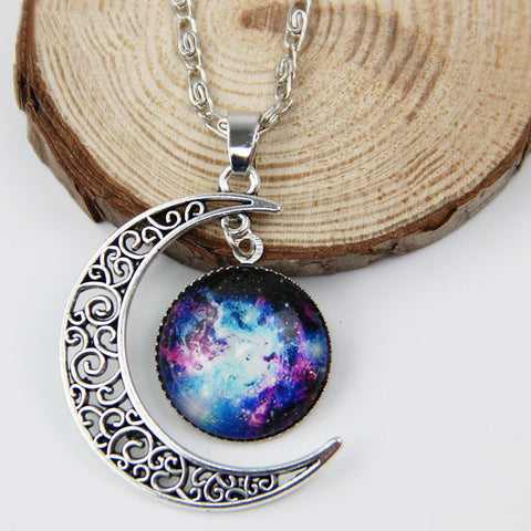 Hollow Moon & Glass Galaxy Silver Chain Pendants