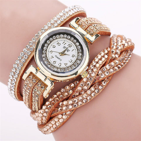 Casual Quartz Women Rhinestone Leather Bracelet Watch